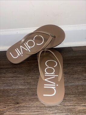 Calvin Klein Tan Logo Flip Flop Sandals